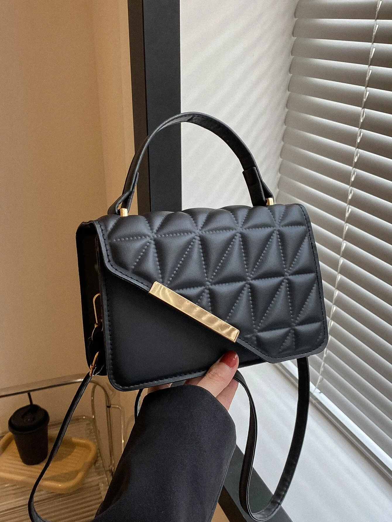 

Black Quilted Mini Square Top-Handle Bag with Gold Bar Clasp PU Leather
