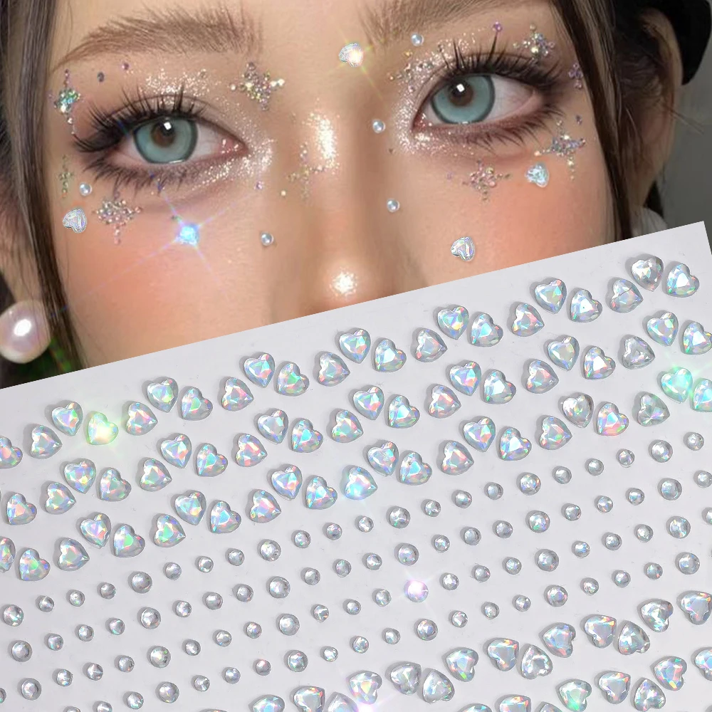 

1 лист 3D-декора Y2K: переливающиеся белые сердечки-стразы для лица, волос, глаз, тела, для женщин, для вечеринок, макияжа, выпускных вечеров