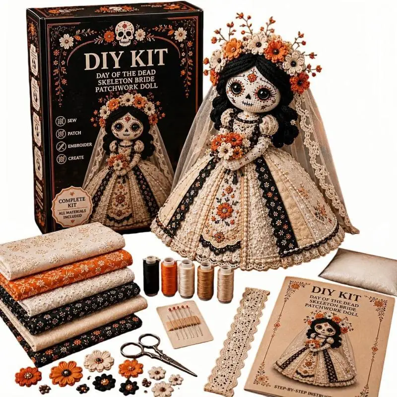New Day Of The Dead Patchwork Doll DIY Kit Skull Face Handmade Sewing Craft Set, Patchwork DIY Collection Gift For Doll Lovers view 2
