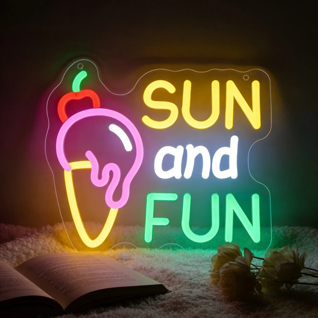 アイスクリーム太陽と楽しいネオンライトサインled調光可能usb壁飾りネオンサイン子供部屋誕生日パーティーハッピーサマーバー装飾用