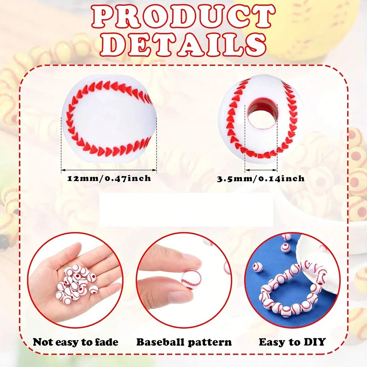 12mm 122pcs Red Baseball Beads for Bracelets Loose Sports Ball Beads for Jewelry Making Necklace