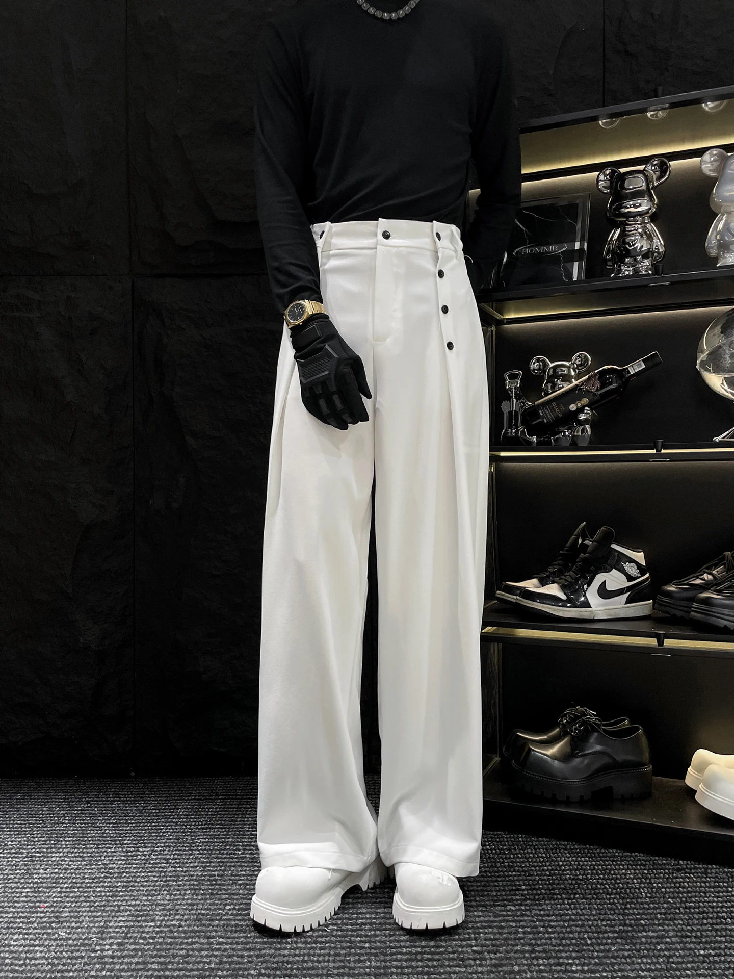 

HOMME Design Sensation, украшенные пуговицами, прямые широкие белые мужские свободные драпированные повседневные длинные брюки, молодежная мода