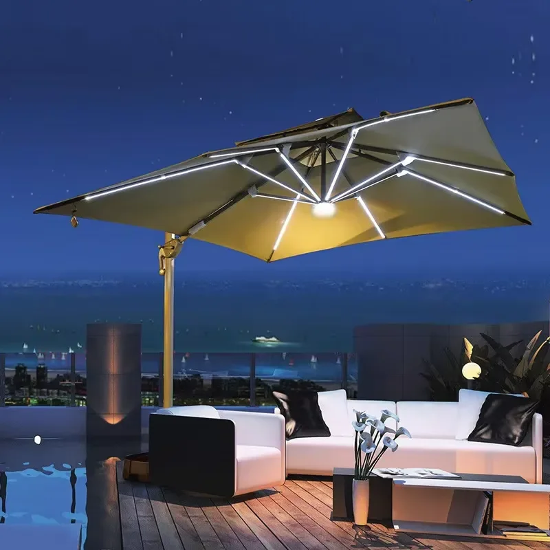 Waterproof Aluminum LED Cantilever Garden Umbrella Solar Powered Outdoor Furniture for Patio Park Hotel for Polyester