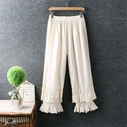 Spring Japanese Style Mori Girl Embroidery Cropped Wide Leg Pants Women Harajuku Elastic Waist Cotton Linen Loose Trousers