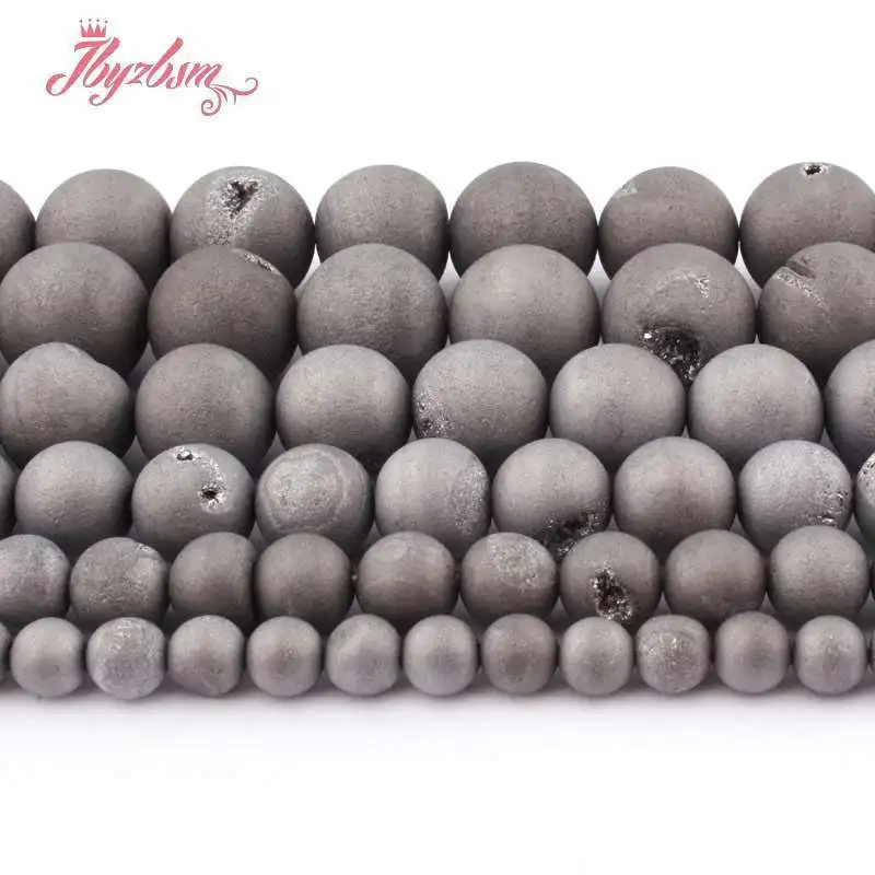 

Natural Metallic Coated Druzy Agate Gray Round Stone Beads DIY Loose Strand 15" For Necklace Bracelet Jewelry Making 6/8/10mm