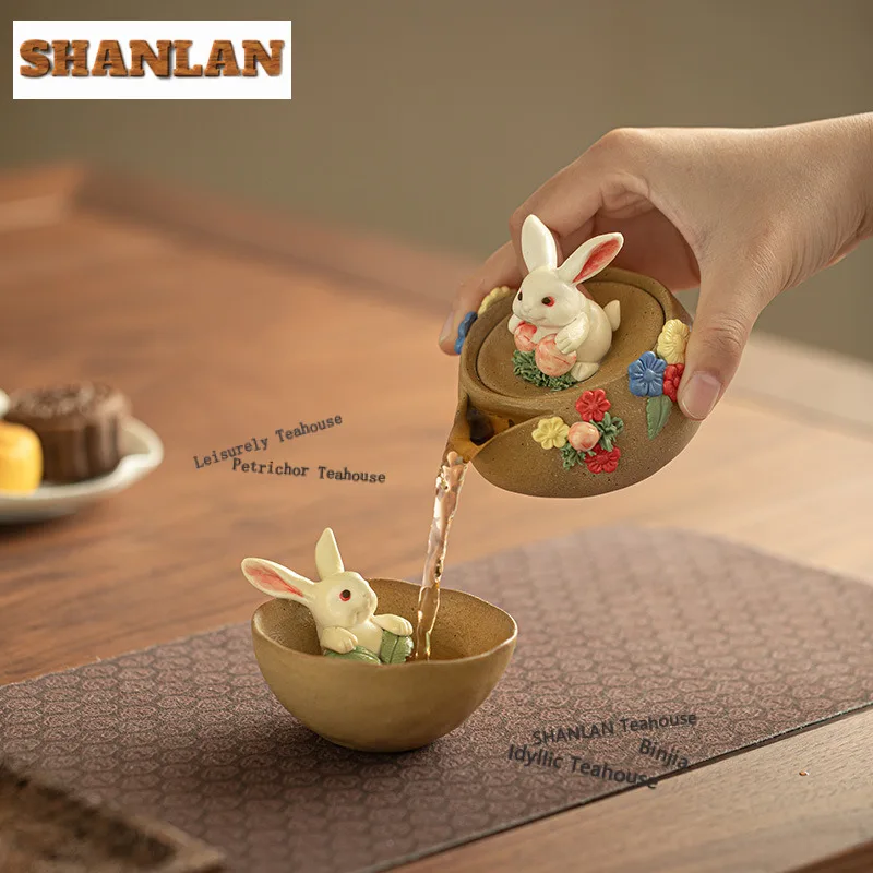 120ml Coarse Pottery Firewood-fired porcelain Rabbit Teapot Traditional Tea Infuser Pot Tea Maker Kettle with Strainer Tea Craft