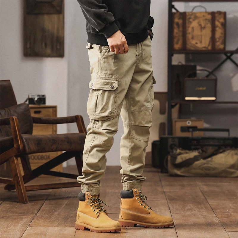 

Men's Retro Solid Color Cotton Work Pants for Autumn Winter Durable Casual Trousers with Multiple Pockets