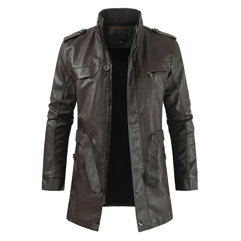 2023 New Men Trendy Mid-Length Motorcycle Outwear Winter Fleece-Lined Casual Youth Stand Collar Leather Wind Coat