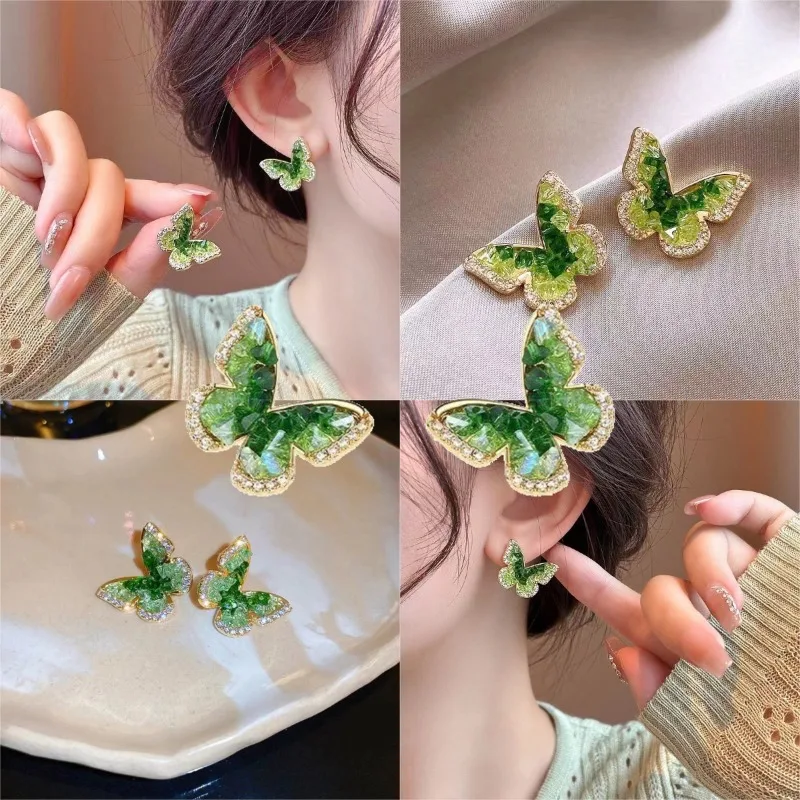 Orecchini a farfalla in cristallo verde sfumato per le donne Temperamento Strass Orecchini a bottone Eleganti gioielli carini Regalo per feste Сubьги