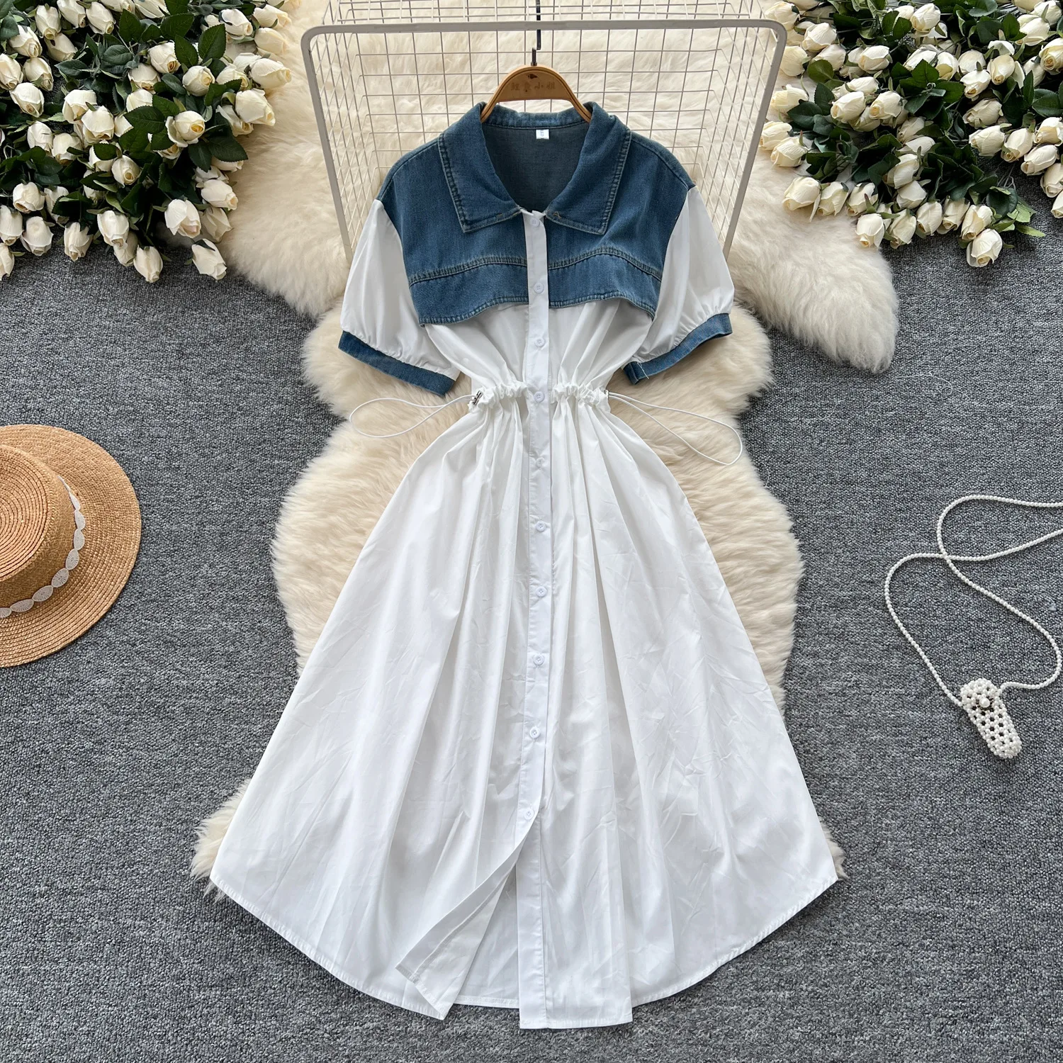 

Mid Length Dress Women Dresses A Line Vestidos Y2k Streetwear Turn Down Collar Short Sleeve Elegant Denim High Waist Summer 2025
