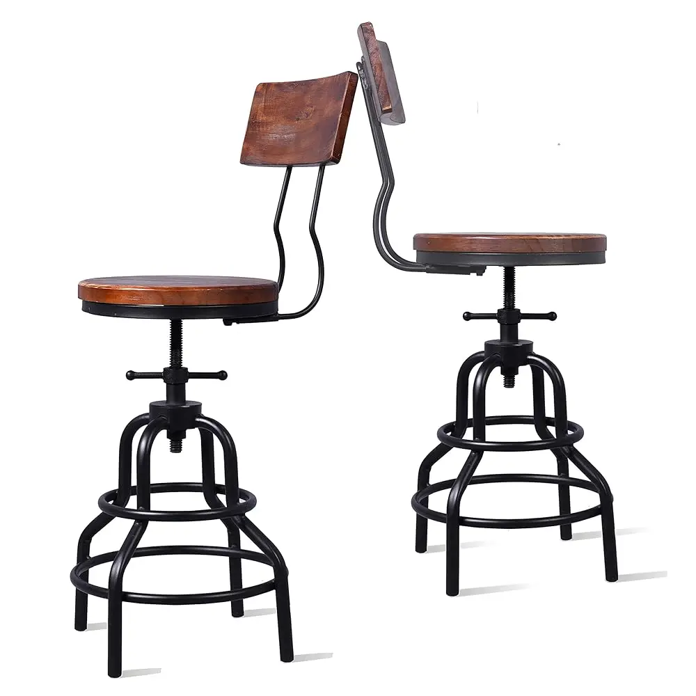 Industrial Vintage Counter Stool, Kitchen Counter Height Adjustable Swivel Chair, Metal Frame Stool, With Wood Backrest,