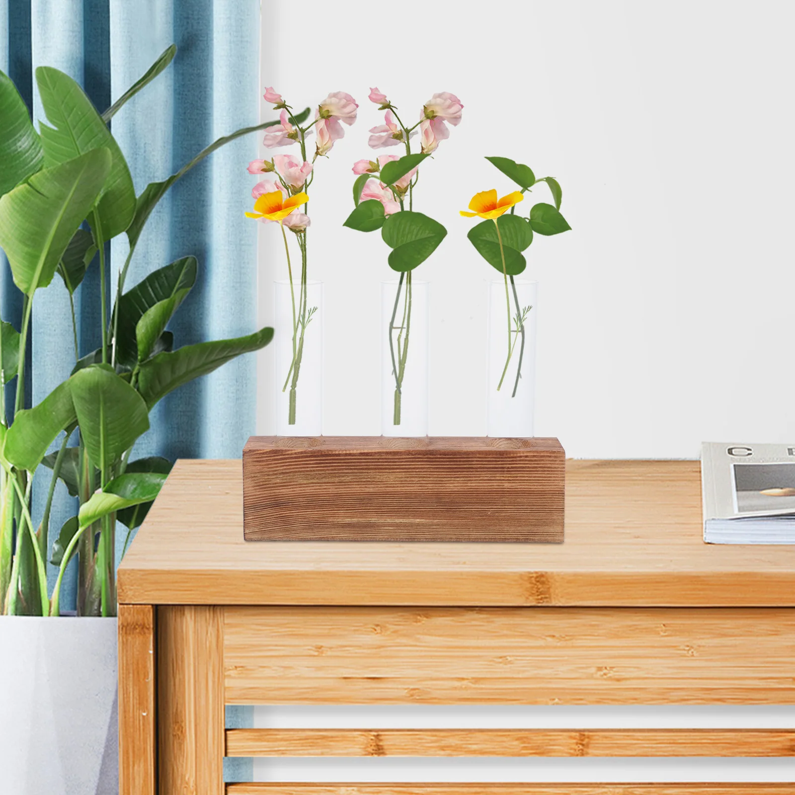 

1 Set Water Propagation Vase Transparent Glass Container Hydroponic Plant Holder Wooden Stand Desktop Decor Home Supplies Flower