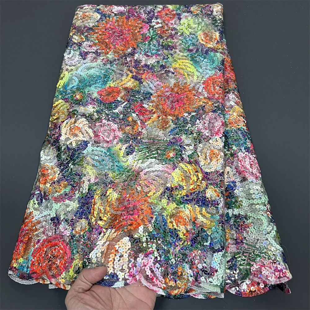 African Nigerian Sequins Sewing Net Cloth,Tulle Lace Fabric, Prom Dresses Beads,Embroidery, High Quality, 5Yad , PS0065, 2025