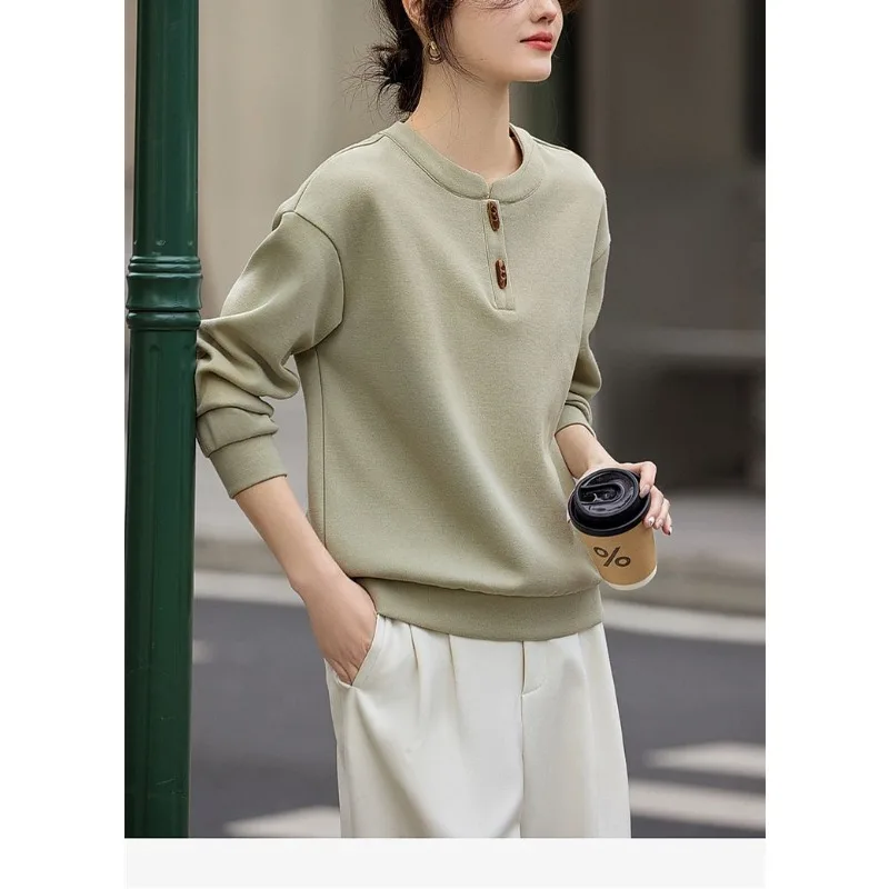 New Chinese Style Horn Button Pullover Sweater Long Sleeve 2025 Spring New Simple Lazy Loose Round Neck Casual Top