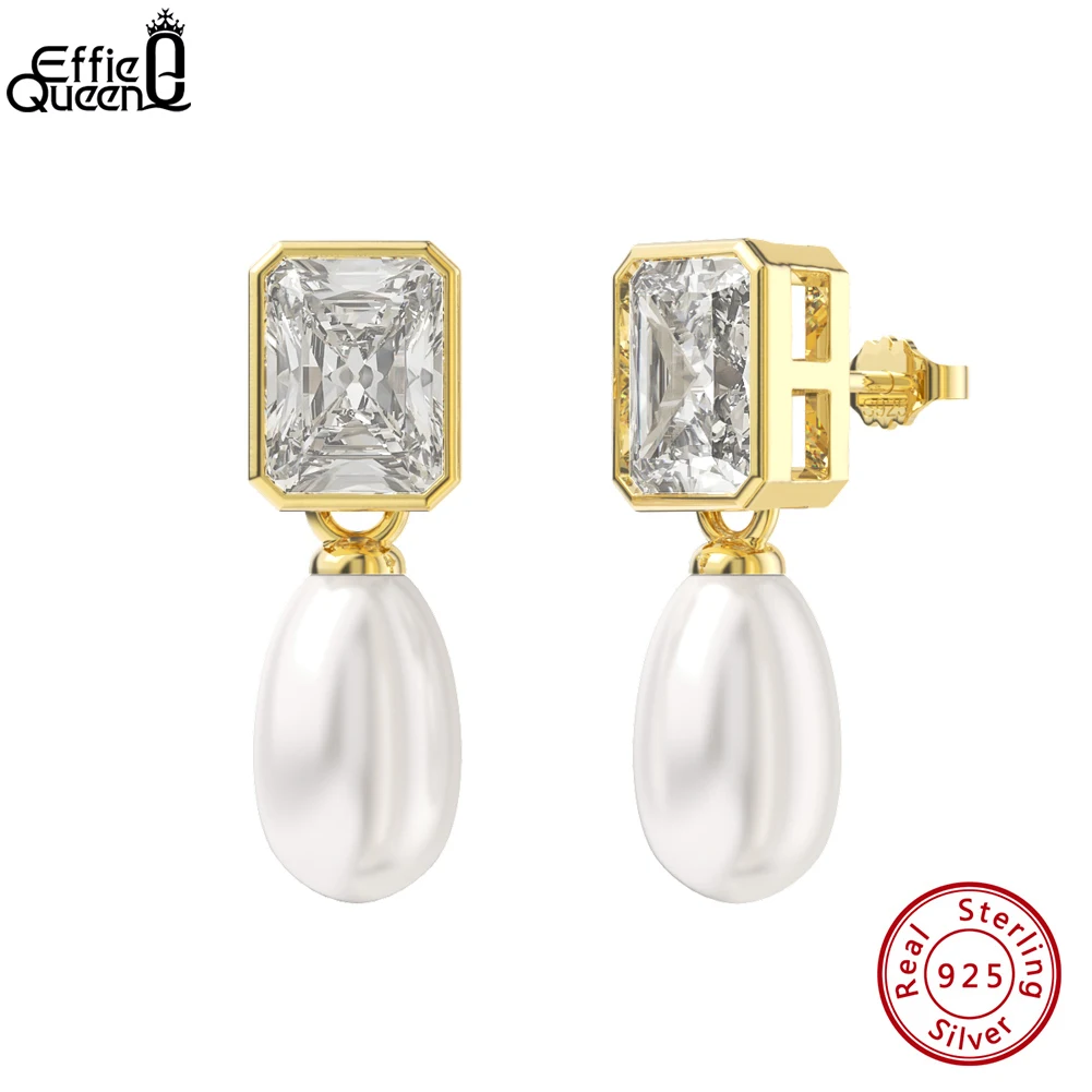 

Effie Queen Authentic 925 Sterling Silver Clear CZ Earrings for Women Irregular Baroque Pearl Drop Earrings Party Jewelry GPE64