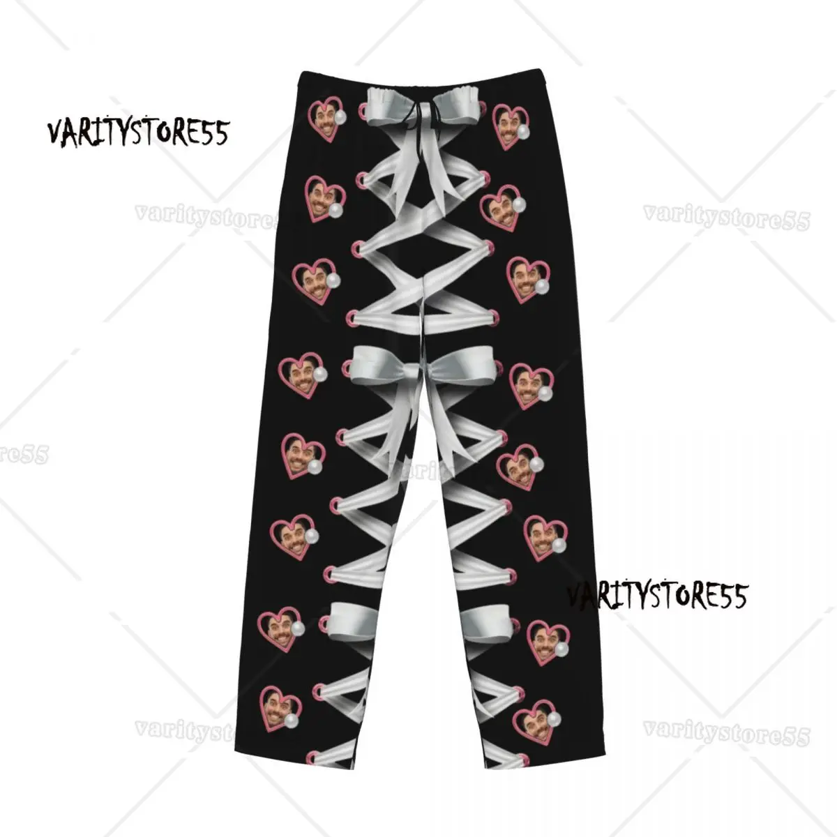 맞춤형 흰색 리본 러브 페이스 사진 파자마 바지 남성용 신축성 있는 허리밴드 수면복 포켓 포함
