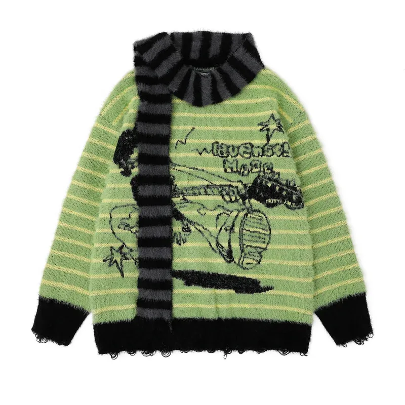 Cartoon Printing Striped Tassel Knitwear Sweater with Scarf Winter Oversized Streetwear Vintage Y2k Unisex Pullover Sweater