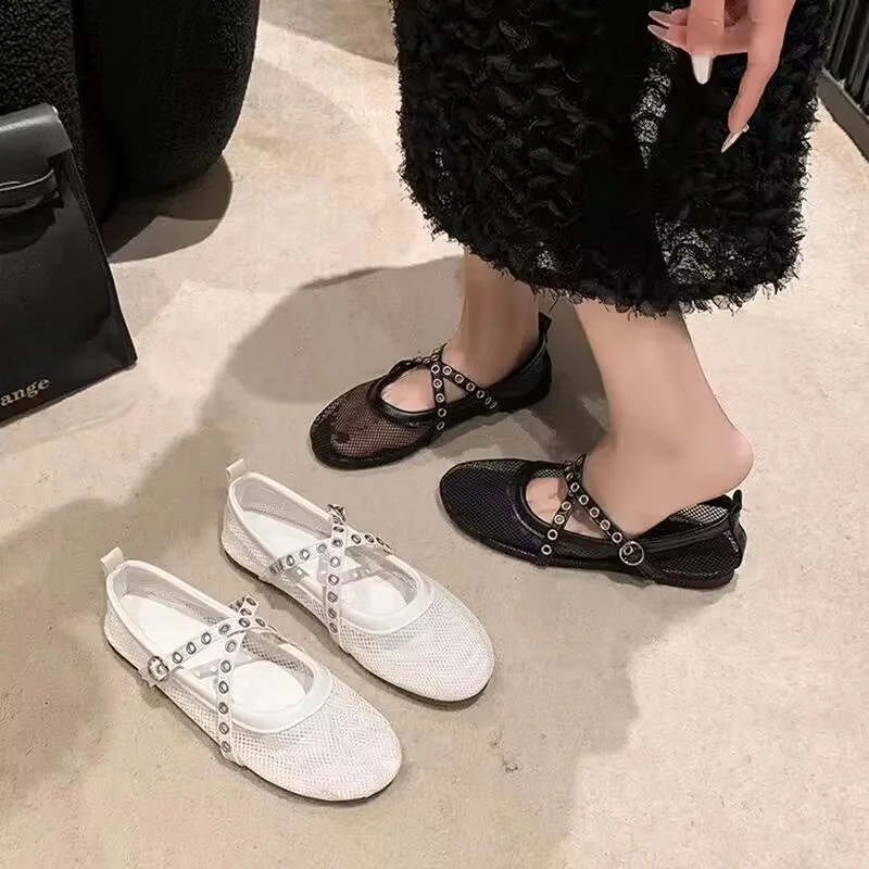 TRAF Woman Black Mesh Flat Boat Shoes Round Toe Peep Toe Breathable Sandals 2024 Autumn Comfortable Shallow Mouth Single Shoes