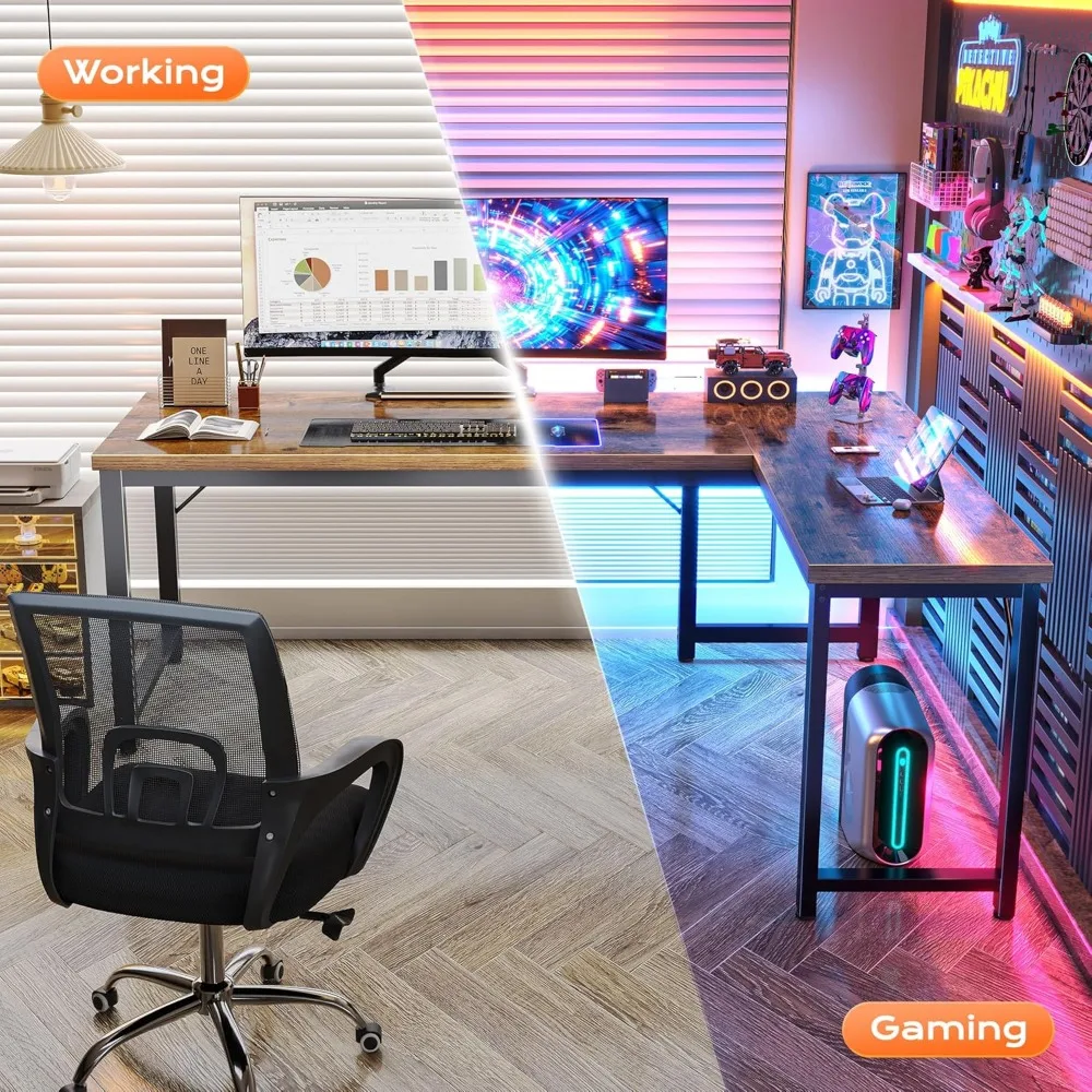 مكتب ألعاب أكبر مقاس 63 بوصة على شكل حرف L مع سطح مكتب سميك 0.95 بوصة، مكتب زاوية قابل للعكس لإعداد الكمبيوتر القوي #5