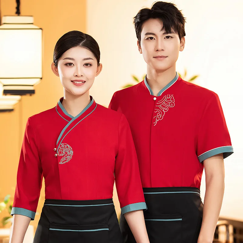 Uniforme de trabajo de camarero de Hotel, manga tres cuartos, estilo fino de verano, restaurante chino, Catering, Hotel, casa de té, recepción