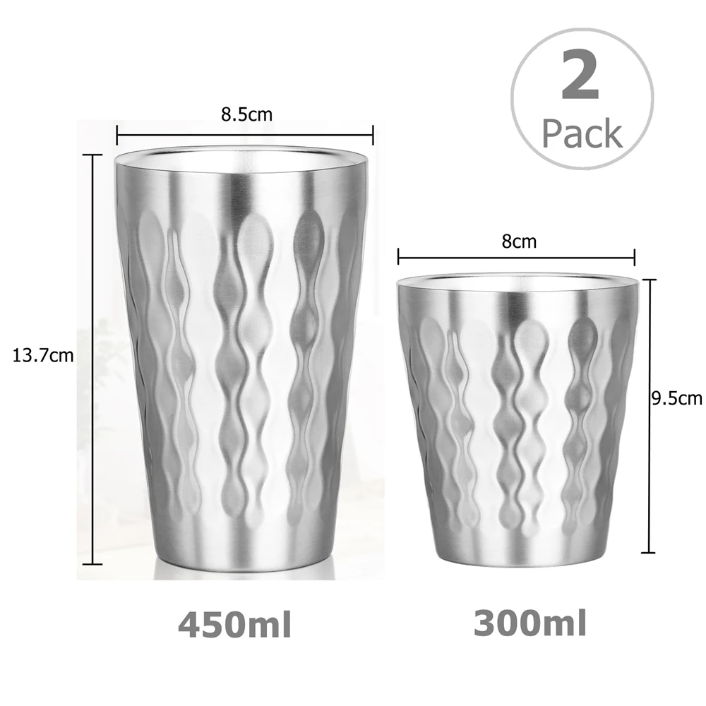 2 Pack Stainless Steel Mug Double Wall Metal Stackable Insulated Portable Drinking Cup Shatterproof Glasses for Home Restaurant