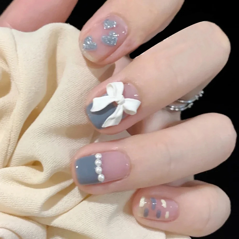 Grey Heart Print False Nail Long Stick On Nail Full Cover Finished Nails Piece