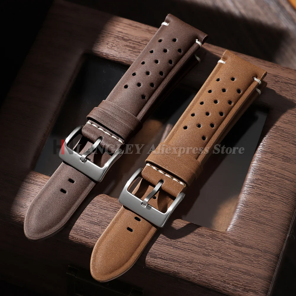 Vintage Matte Leather Watch Straps 18mm 20mm 22mm Racing Leather Band Gray Black Brown Breathable Porous Men Watchband for Seiko