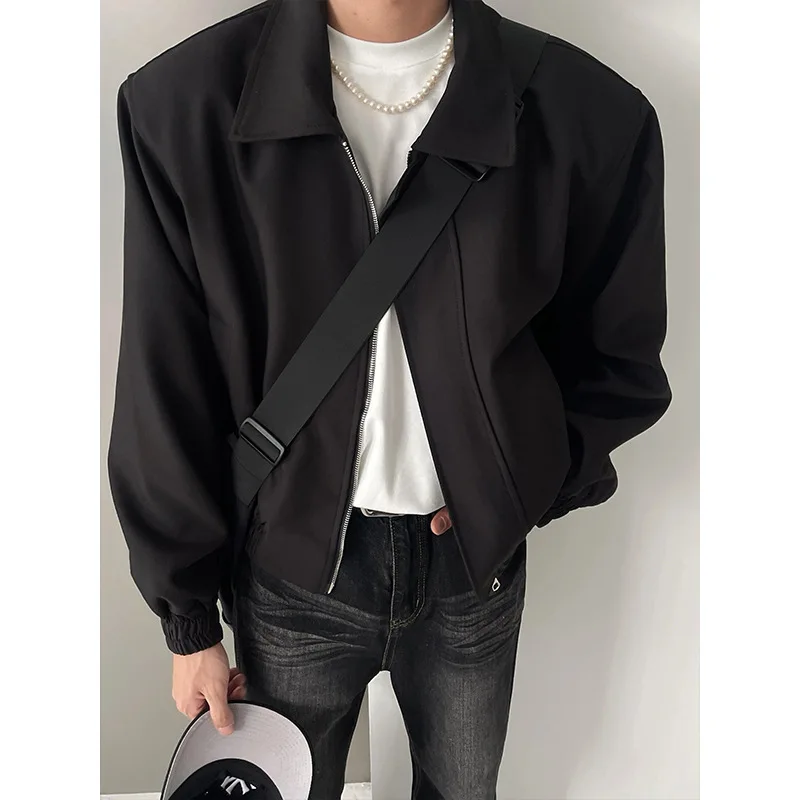 Korean version Men's Solid Color Turn-down Collar Long Sleeve Casual Trendy Simple Basic Loose Jackets Male Coats Clothes Tops