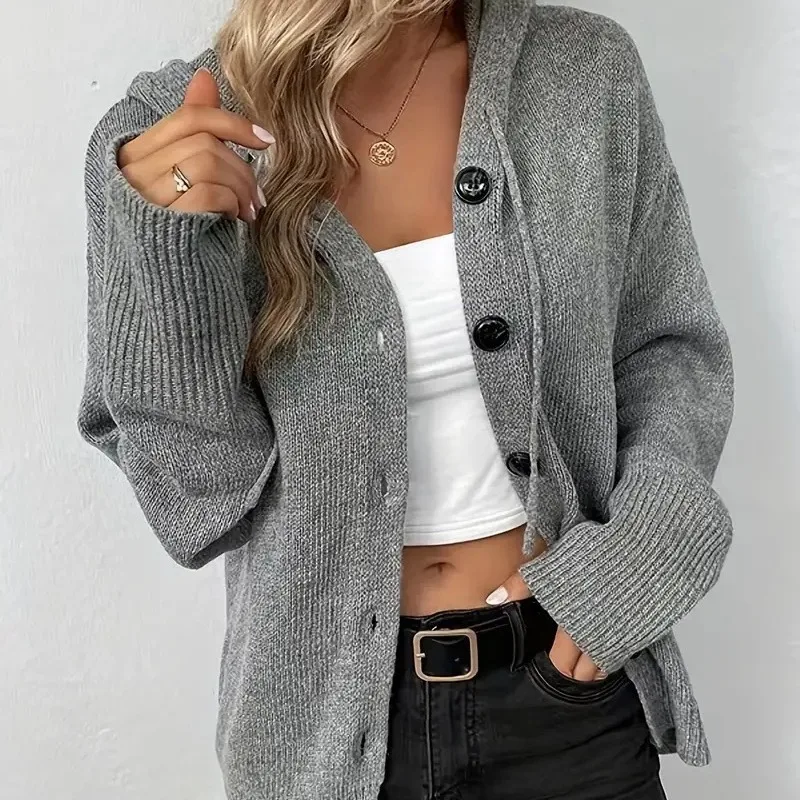 

Long Sleeve Button Up Knit Hoodie Sweater Jacket Hooded Cardigan for Women Autumn Winter Ladies Casual Outfit