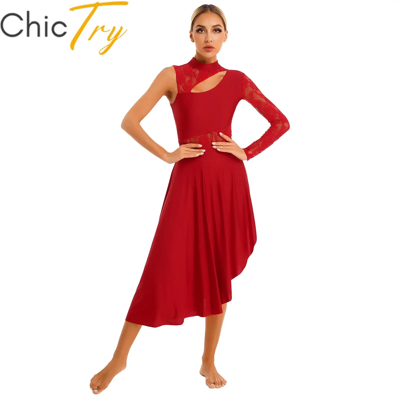 

Womens Ballet Gymnastics Leotard Dance Dress Sheer Lace Cutout One Shoulder Long Sleeve Side Split Dresses for Stage Performance