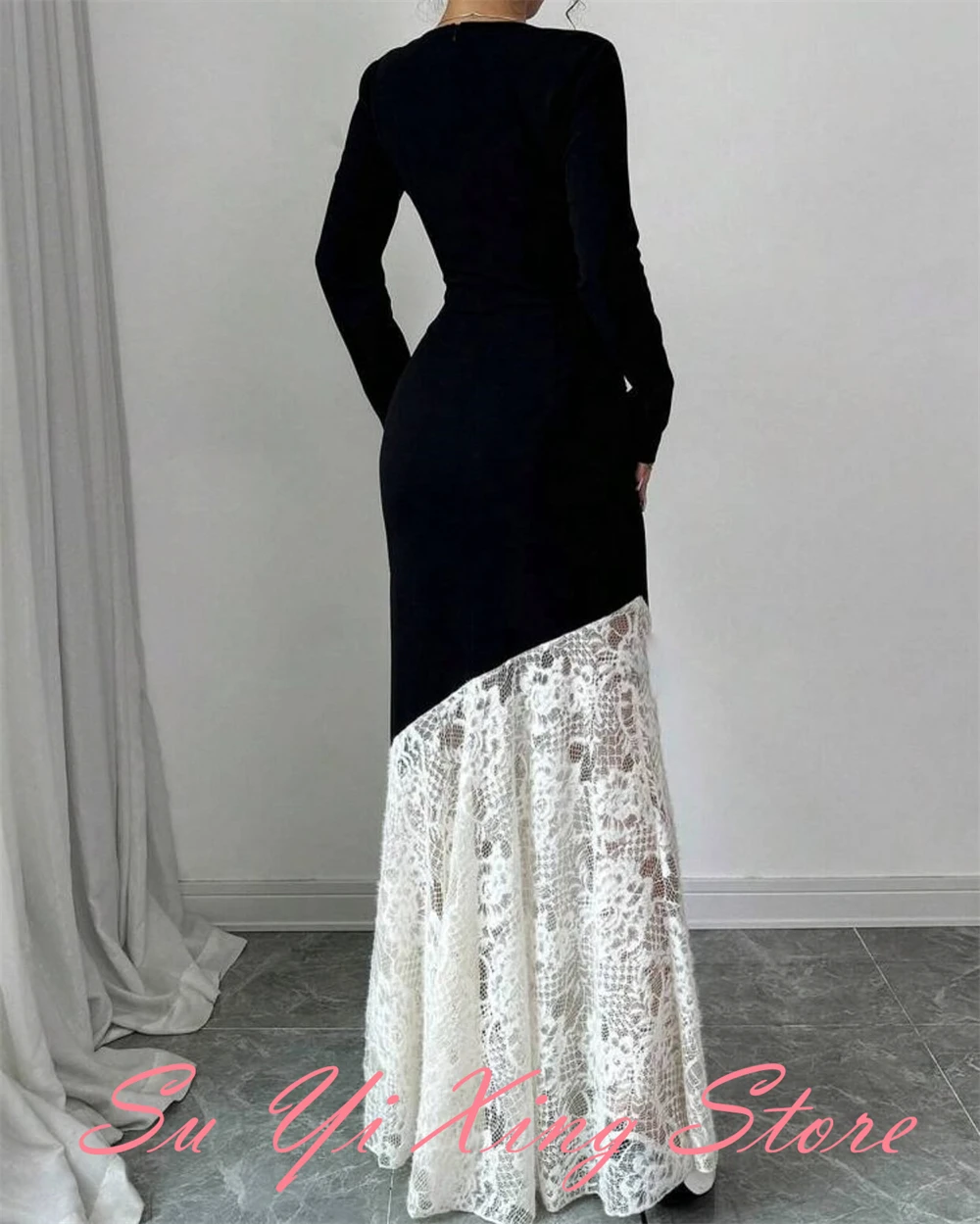 Customized  Temperament Lace Mermaid Evening Dress Delicate V-Neck Zipper Back Celebrity Gowns Fashion Long Sleeves Par