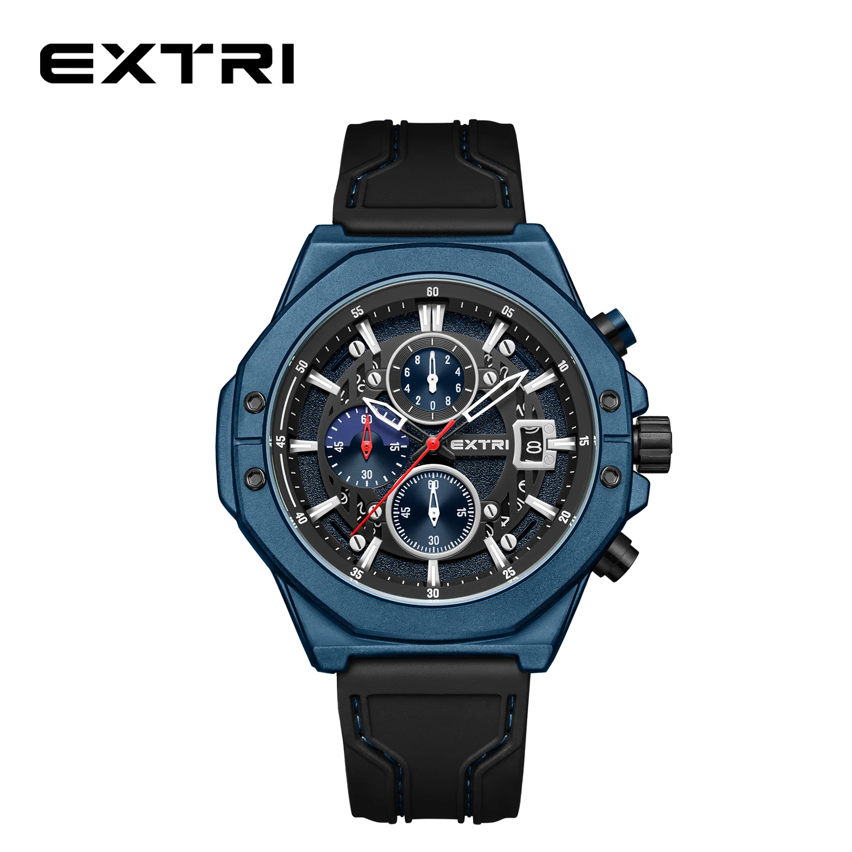 Extri Fashion Design Matt Blue Case Rubber Strap Chronograph Machine Luxury Quality Male Boys Students Quartz Watches Men Reloj