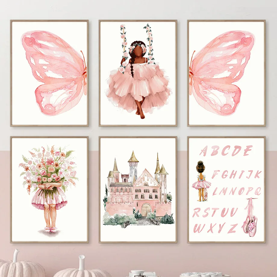 Watercolor Black Girl Flower Swing Unicorn Castle Wall Art Canvas Painting Posters And Prints Wall Pictures Baby Kids Room Decor