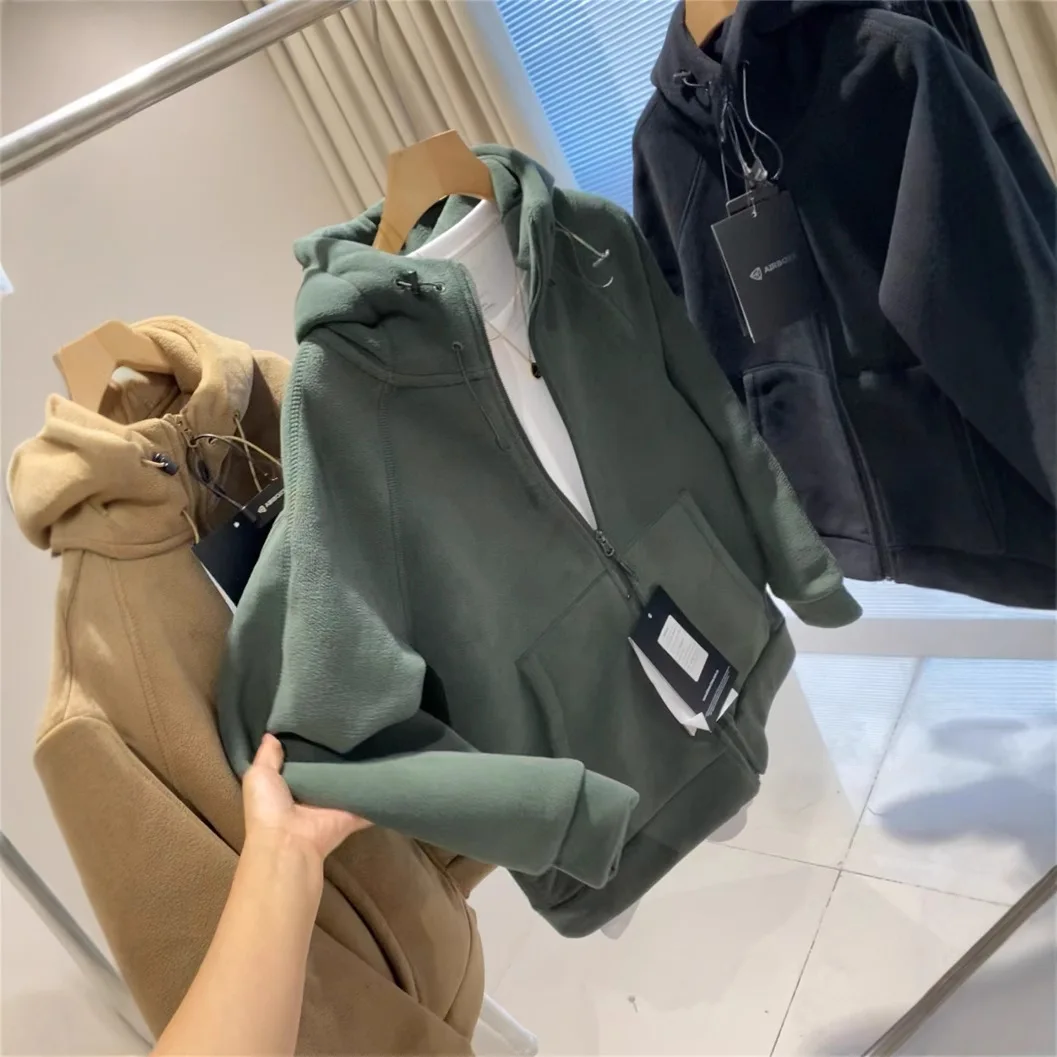 두꺼운 620g 따뜻한 양털 양면 후드 재킷 커플 스타일 겨울 신상 여성 폴로 칼라 긴팔 스웨트셔츠