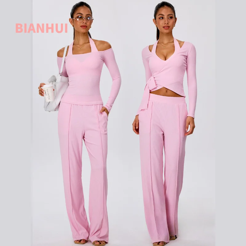 Women Ribbed Yoga Outfit Set Long Sleeve Halter Off Shoulder Wrap Top High Waist Wide Leg Pants Casual Fitness Workout Suit