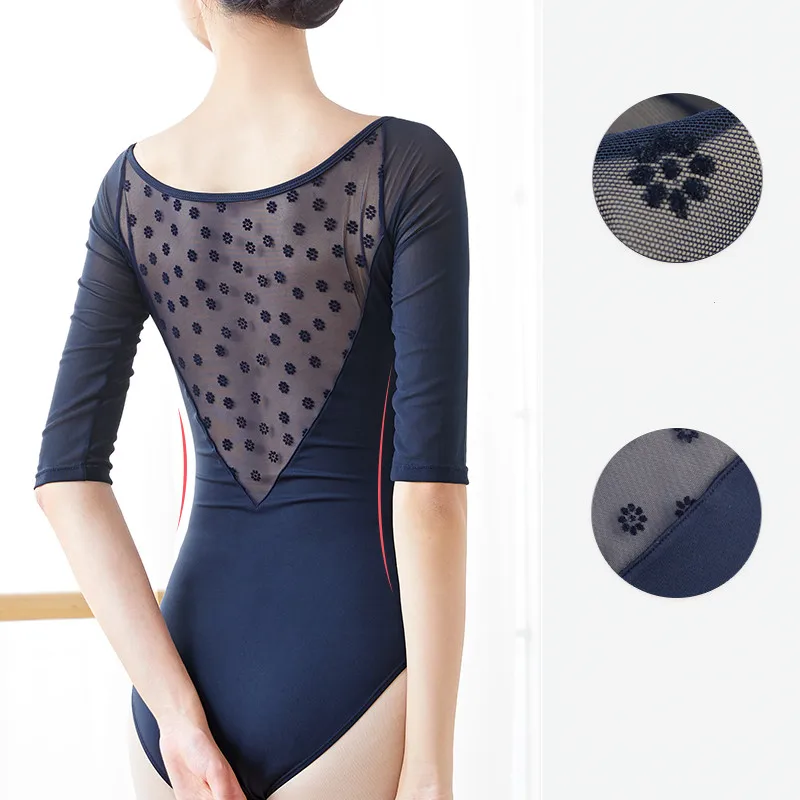 Women Black Mesh Dance Leotards Three Quarter Sleeve Ballet Splicing Leotards Adult Ballet Practice Dance Gymnastics Leotards