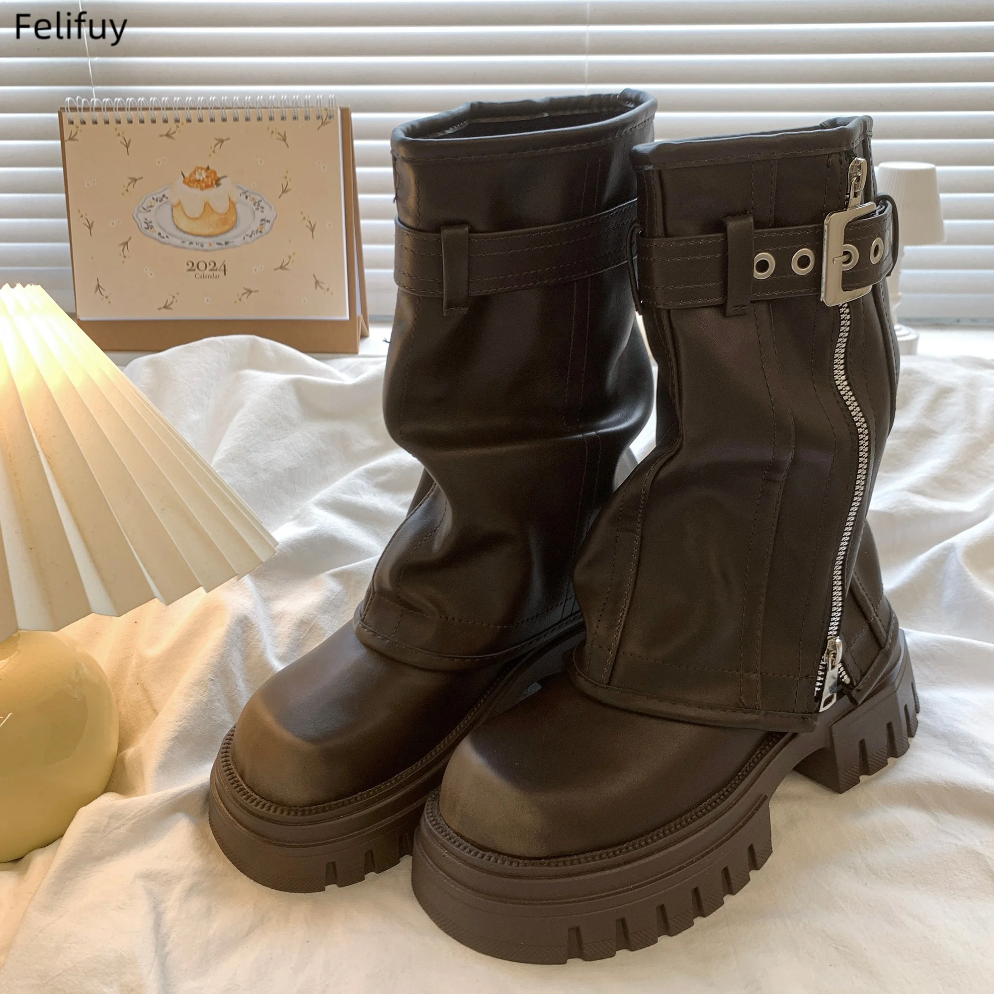 Botas de Invierno 2026 para Mujer, con Cierre Negro, Hebilla Marrón, Plataforma Elegante, Botines Cortos Casuales, Estilo Biker