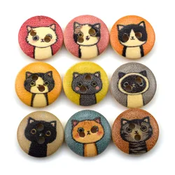 Wood Buttons for Needlework, 2 Holes, Cat Pattern Buttons for Clothing, Patchwork, DIY Craft, Scrapbooking, 15mm, 50Pcs