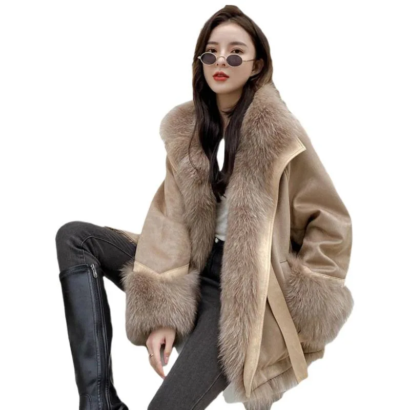 UMI MAO الجلد المدبوغ المرقعة الثعلب الفراء مبطن معطف للنساء منتصف طول نمط جديد جلد الغنم قطعة واحدة معطف المرأة فام