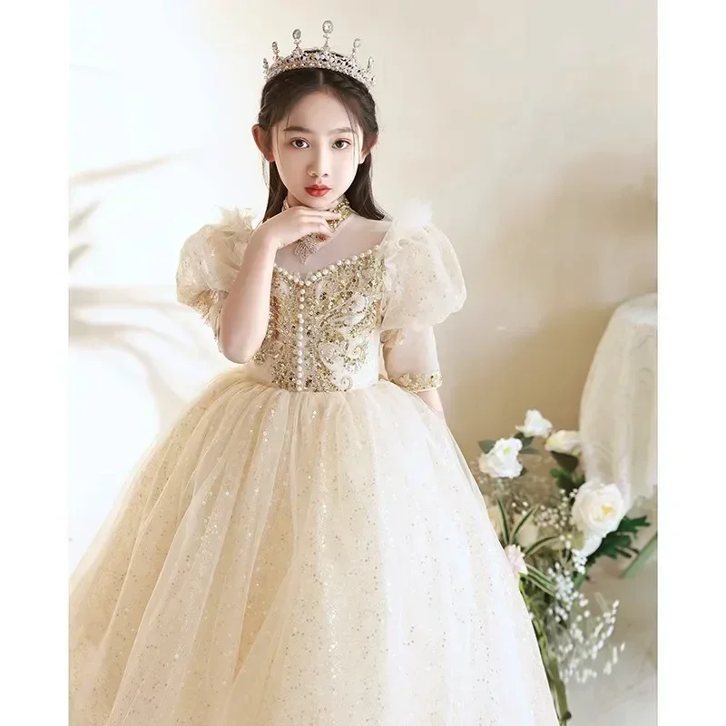 Flower Girl Dress 2024 Spring New Long sleeved Fluffy Yarn Walk Show Host Piano Performance Dress