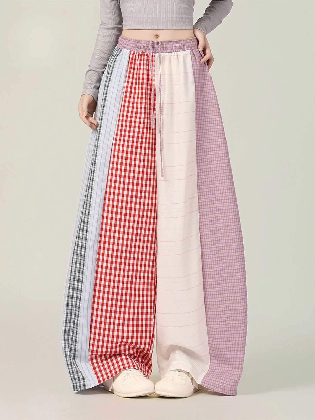 

New artistic style long pants with striped checkered color blocking for summer fashion, loose and loose wide leg pants
