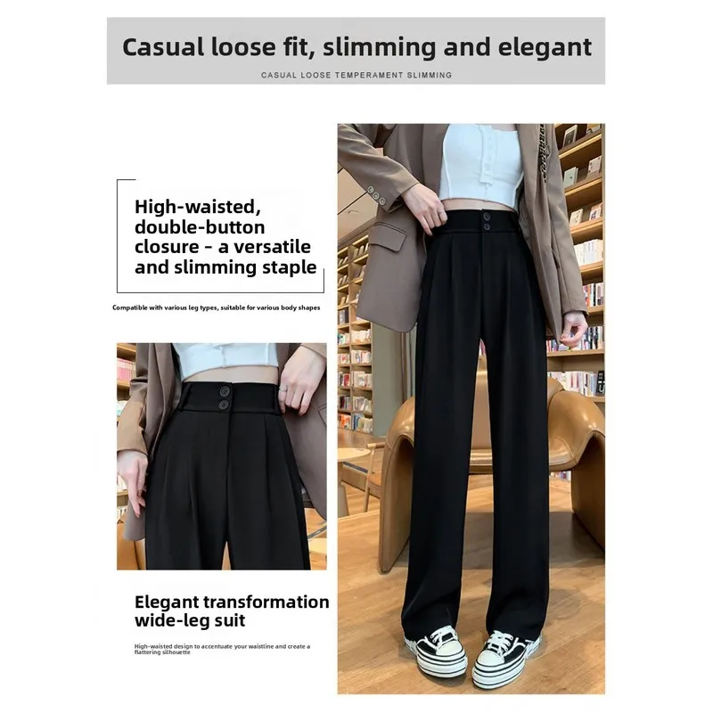 QICHE New Spring Autumn Ladies Office Pants Black Straight Wide Leg Suit Trousers Draped Versatile Formal Bottoms