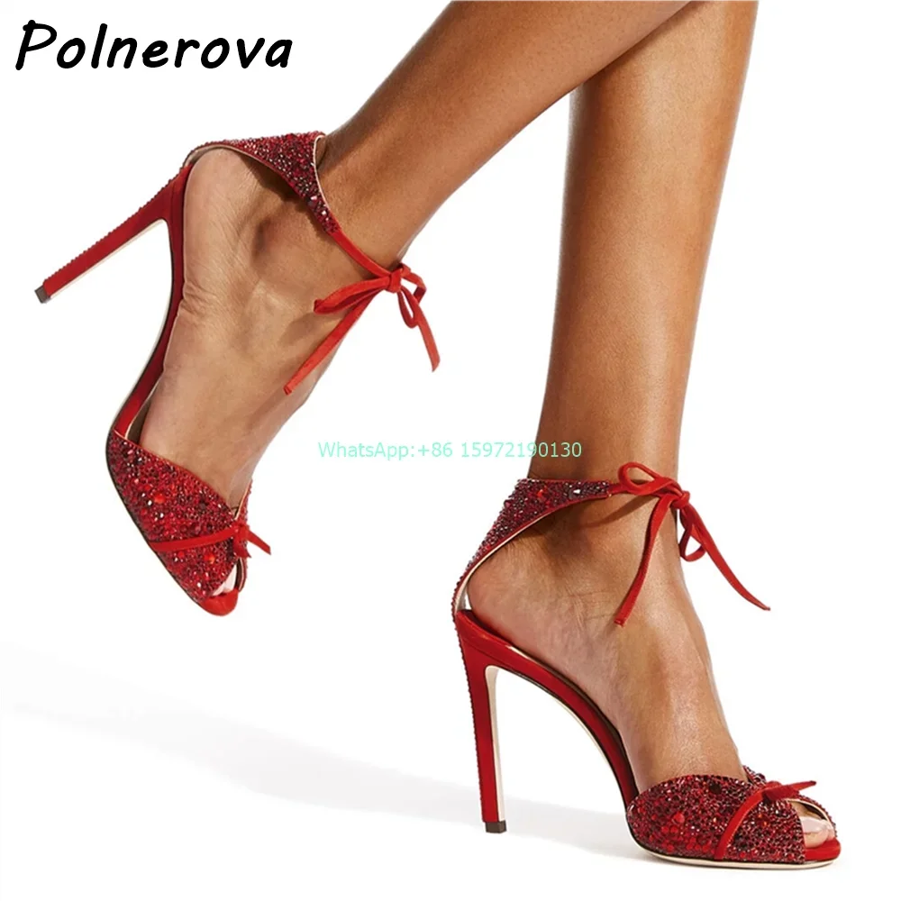 Black Crystal Bows Sandals Peep Toe Thin Heels Lace Up Ankle Band Mixed Color Shoes Summer Luxury Ladies Elegant Stiletto Shoes view 3
