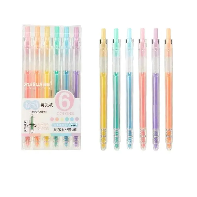 6pcs Macaroon Click Highlighter Pen Pastel Highlighter Set 6 Colors Pens Cute Markers Set Highlighter Pen Stationery Supplies
