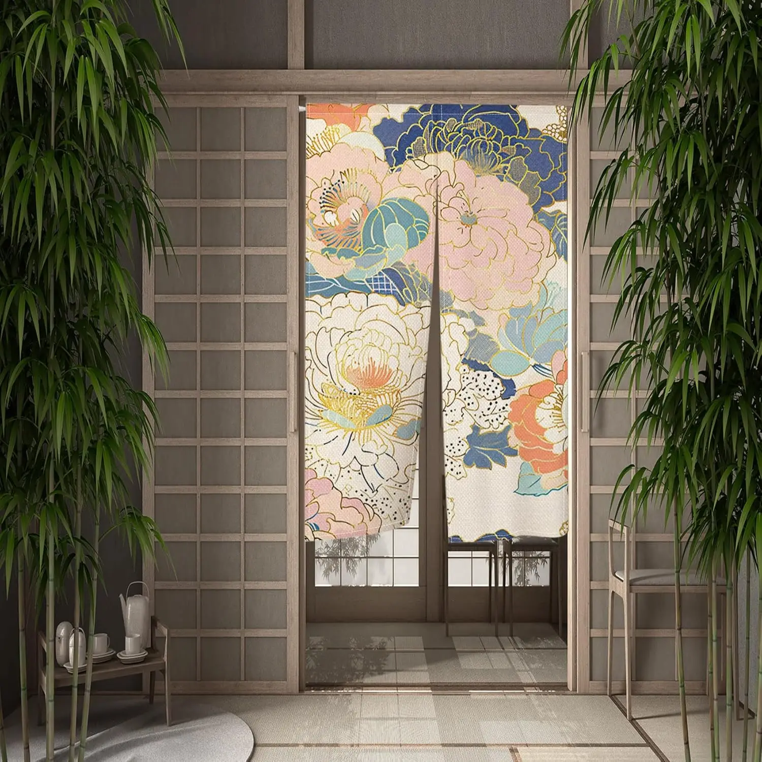 Japanese Noren Doorway Curtain Boho Style Flowers Printed Tapestry Entrance Feng Shui Door Curatain Single Side Window Treatment