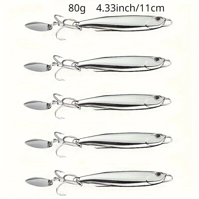 Lot de 5 leurres en fer électroplaqué 15g 20g 30g 40g 60g 80g pour la pêche en mer et en eau douce, faux appât rotatif à paillettes pour maquereau