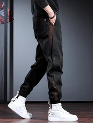 Fashion Side Stripe Black Baggy Pants Men Sport Casual Cotton Elastic Waist Drawstring Jogging Trousers