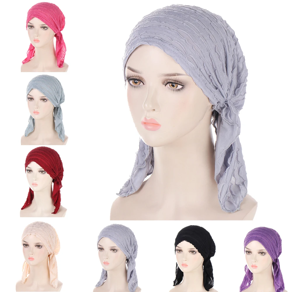 

Muslim Women Solid Pre-tied Headscarf Elastic Female Turban Cancer Chemo Hat Hair Loss Cover Head Wrap Headwear Stretch Bandanas