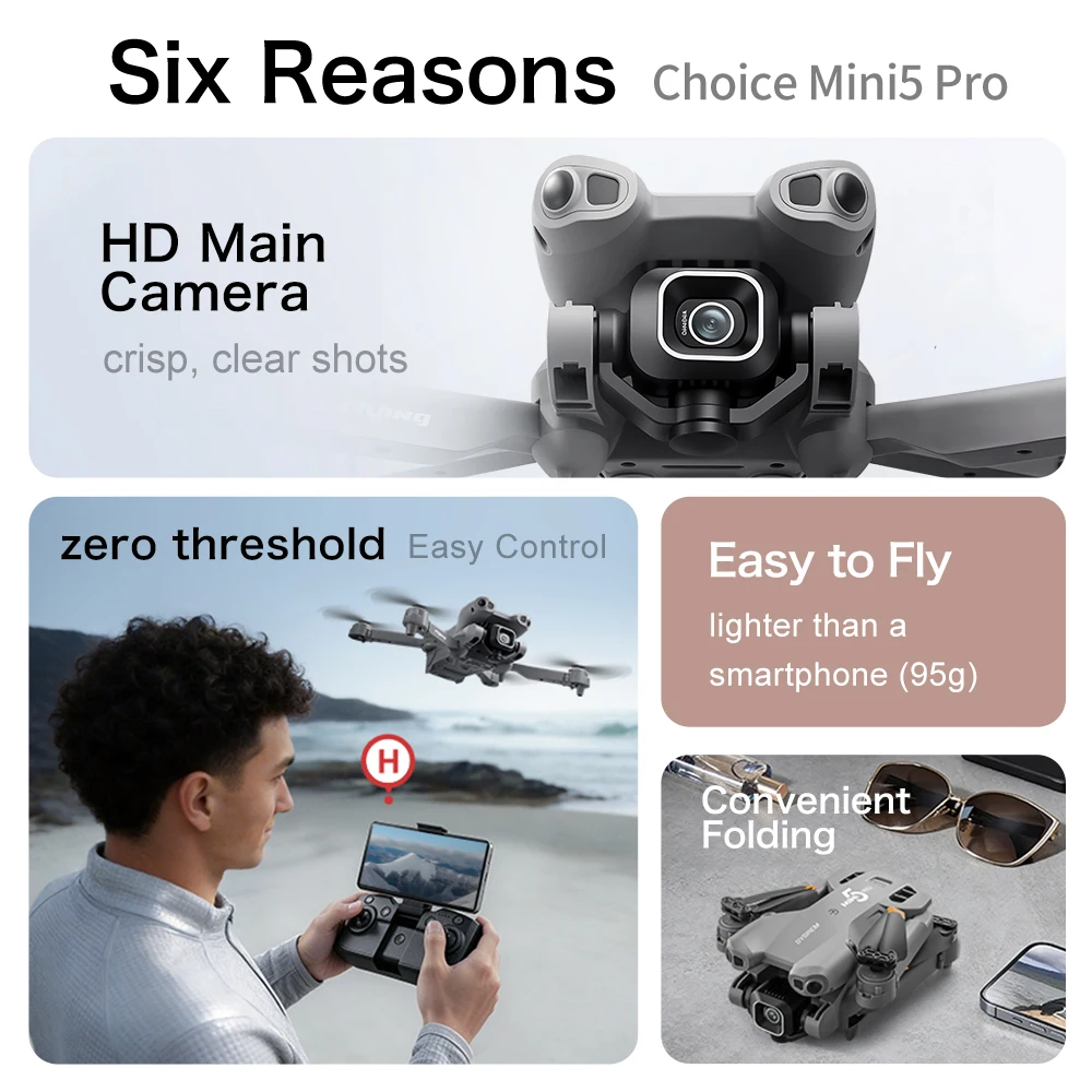 Mini5 Pro Foldable Aerial Photography Drone 95g Entry-Level Quadcopter Optical Flow Hovering High-Definition Real-Time Image Transmission One-Key Control Gesture Photography Aerial Photography Remote Control Aircraft/W