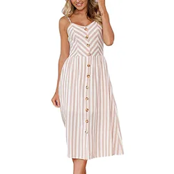 Moda damska rozrywka Retro Sundress 2023 lato Boho Sexy Midi sukienka przycisk bez pleców w paski plaża Casual Dress Vestidos